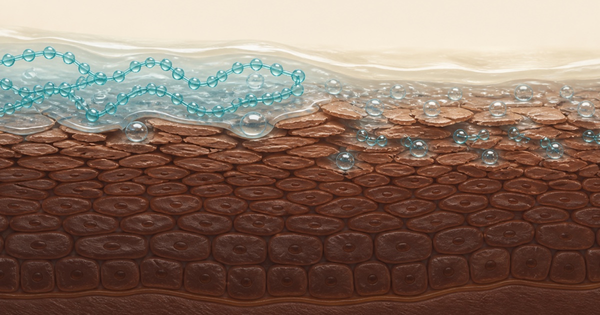 Text-free medical illustration of richly pigmented epidermis with large hyaluronic acid chains at the surface, smaller chains in the upper stratum corneum and a moisture-sealing layer