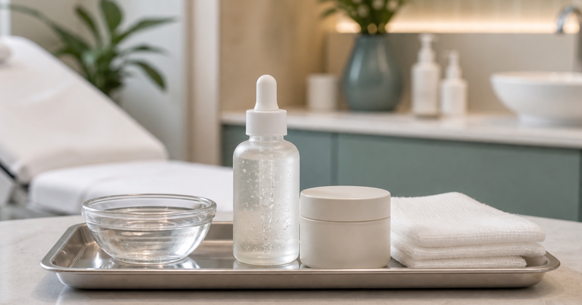 Face-free clinical recovery tray with clear serum, bland moisturizer, water dish and gauze after a chemical peel