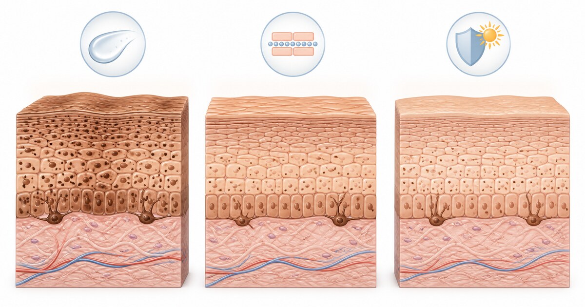 Text-free medical illustration of active pigment control, barrier reassessment and photoprotected maintenance