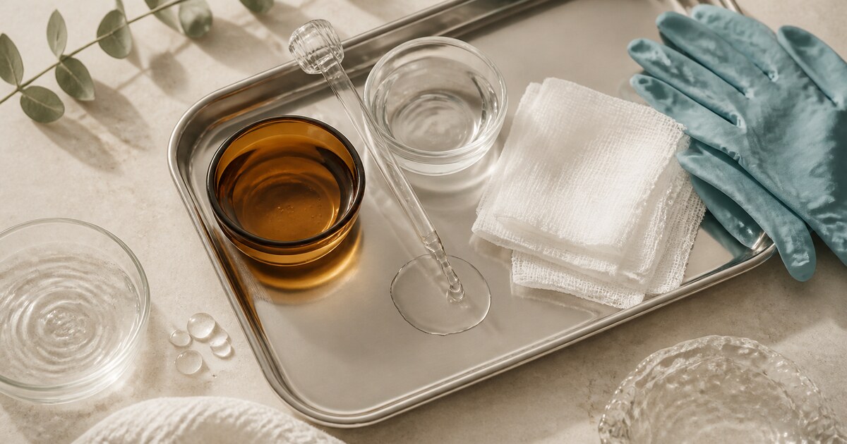 Clinical tray with unlabelled peel solution, glass dropper, gauze and gloves for a lactic acid procedure