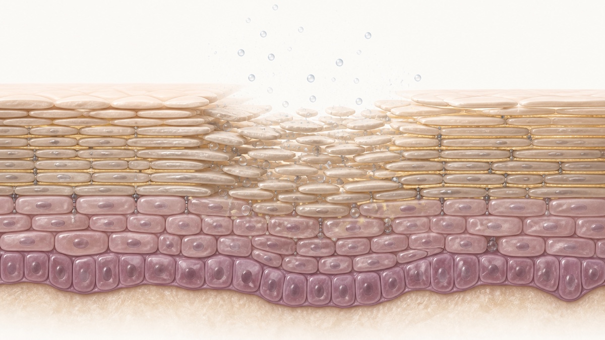Medical illustration of organized corneocytes, temporary superficial barrier disruption and recovering lipid layers