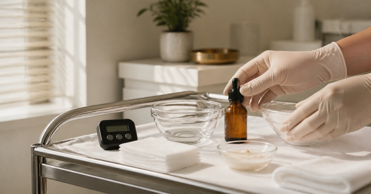 Gloved clinician arranging a chemical peel recovery setup on a treatment trolley